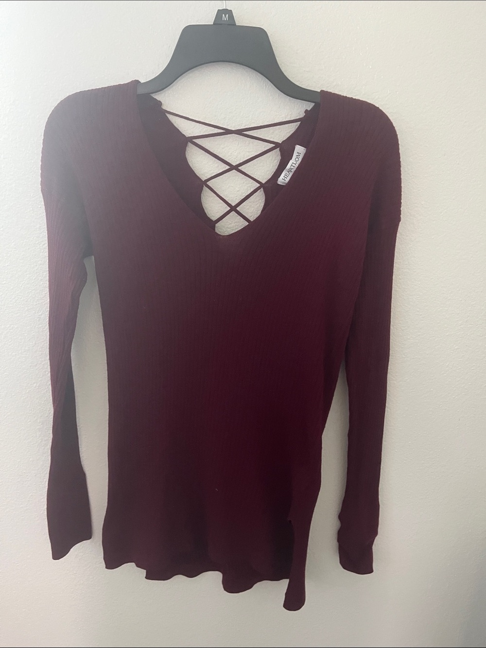 Heartloom Burgundy Crisscross V‑Neck Ribbed Long Sleeve Top